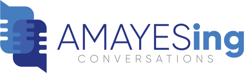 AMAYESing Conversations podcast logo — blue speech-bubble microphones