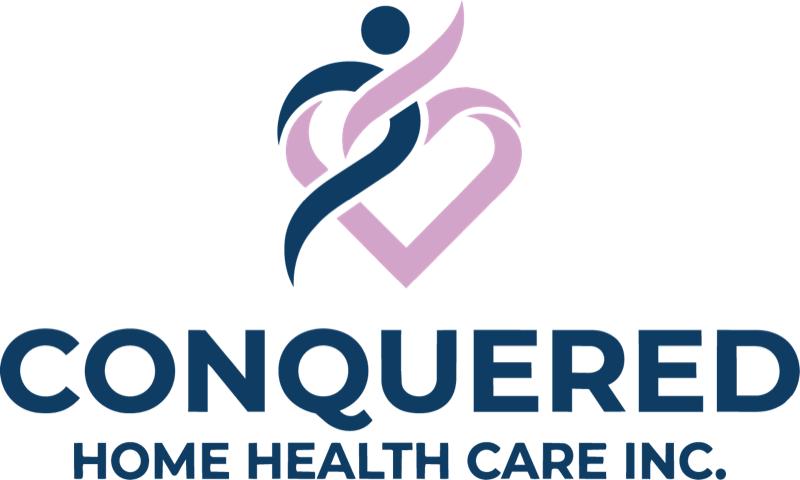 Conquered Home Health Care logo — navy figure woven with pink heart